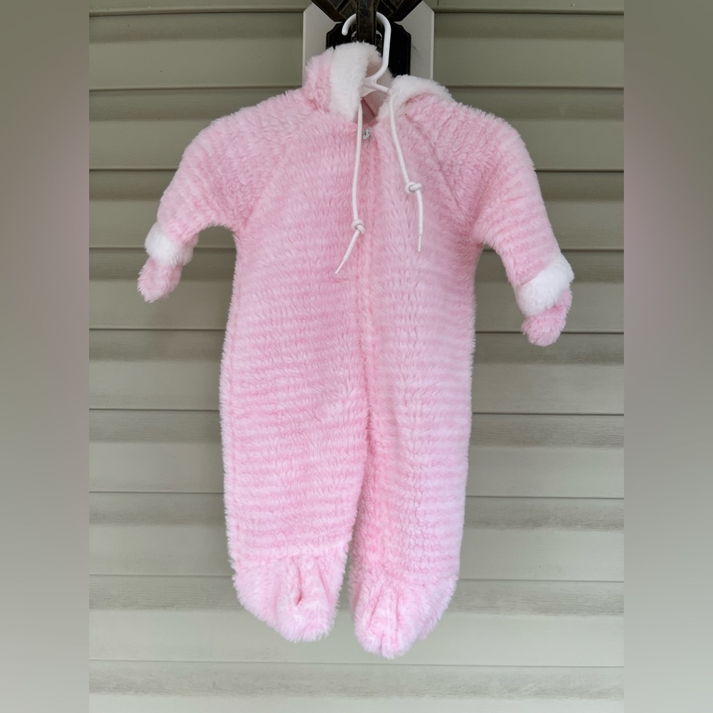 TEDDY BEARS Sz 0-6M Pink White Striped Fuzzy One Piece Bunting USA Made VTG 80s